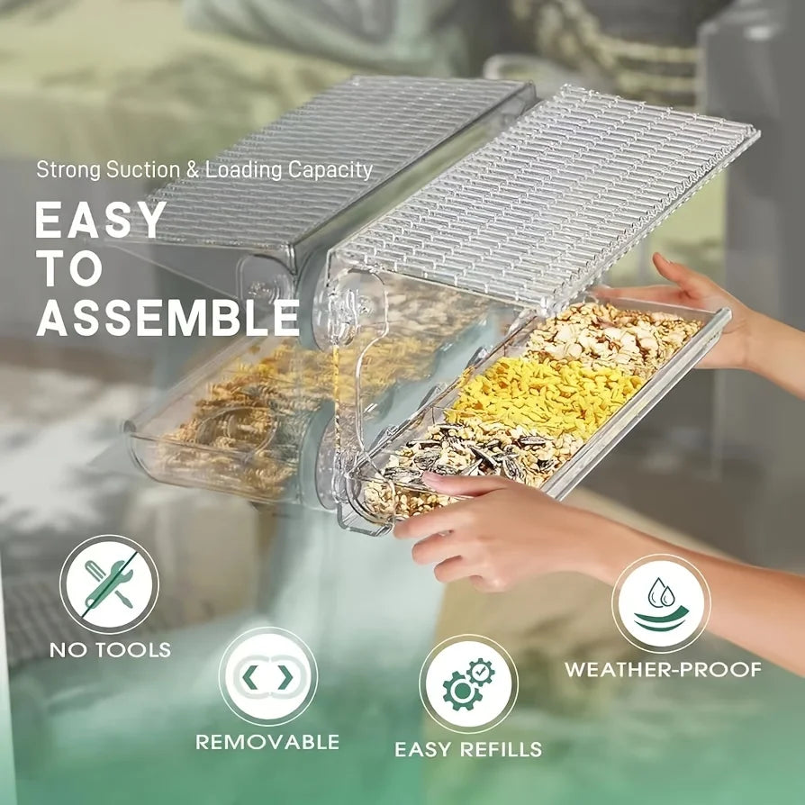 Indestructible Large Window Bird Feeder, w/ Removable Seed & Water Tray for Wild Birds, 4 Super Strong Adhesive Hooks