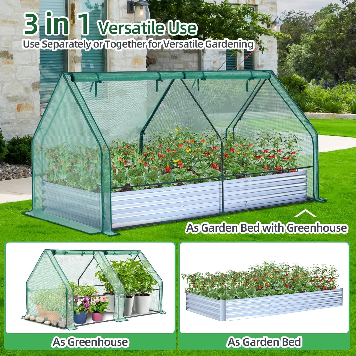 Galvanized Raised 8x4ft Garden Bed w/ Greenhouse Cover, 4 Doors Ventilation, 3-in-1 Planter Box, for Vegetables Flowers, Herbs