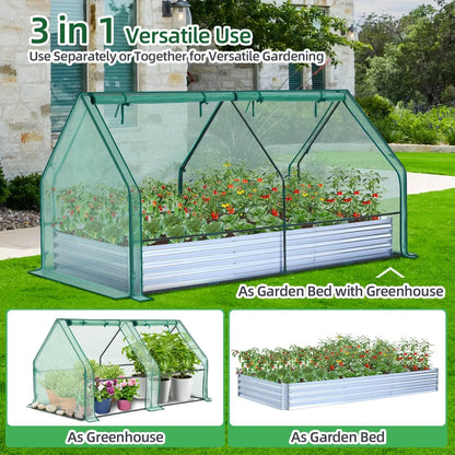 Galvanized Raised 8x4ft Garden Bed w/ Greenhouse Cover, 4 Doors Ventilation, 3-in-1 Planter Box, for Vegetables Flowers, Herbs
