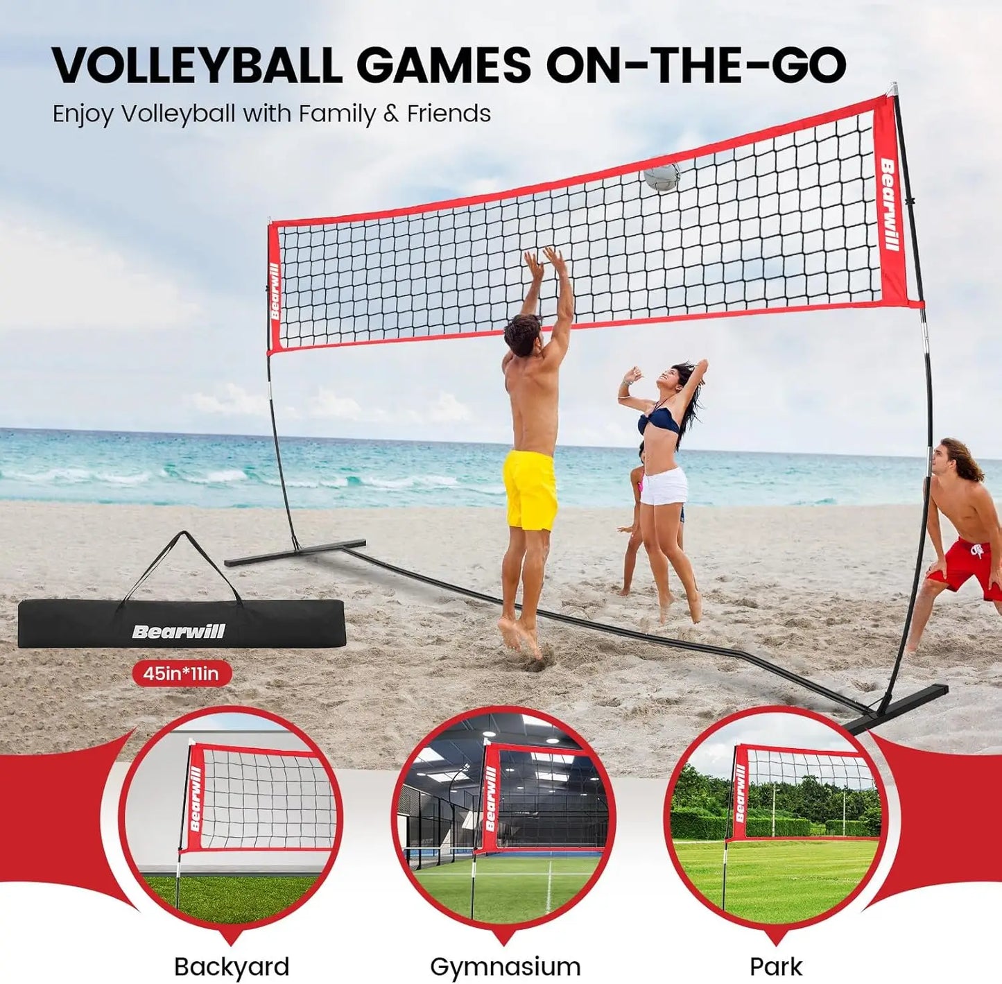 Volleyball Net, 12FT Portable, Adjustable Height with Carry Bag