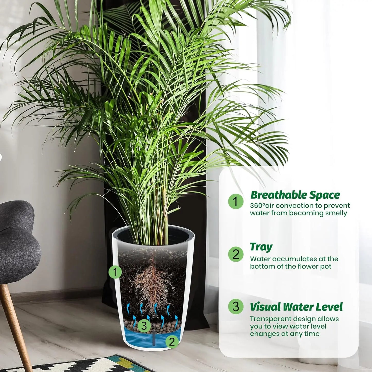 1-Pair,Black Self-Watering Planters – 16" Tall Round Flower Plant Pots, Water Level Gauge