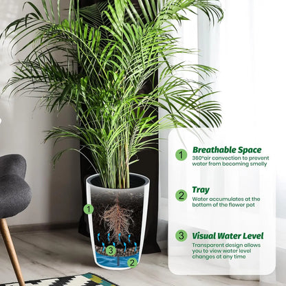 1-Pair,Black Self-Watering Planters – 16" Tall Round Flower Plant Pots, Water Level Gauge