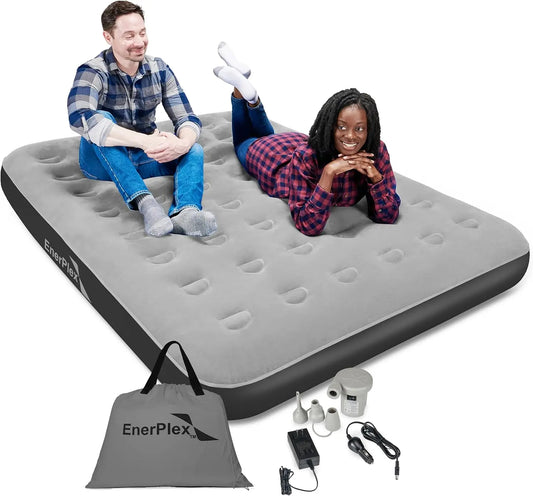 Portable Queen Air Mattress with Built-in Pump for Camping, Travel & Guests - Grey
