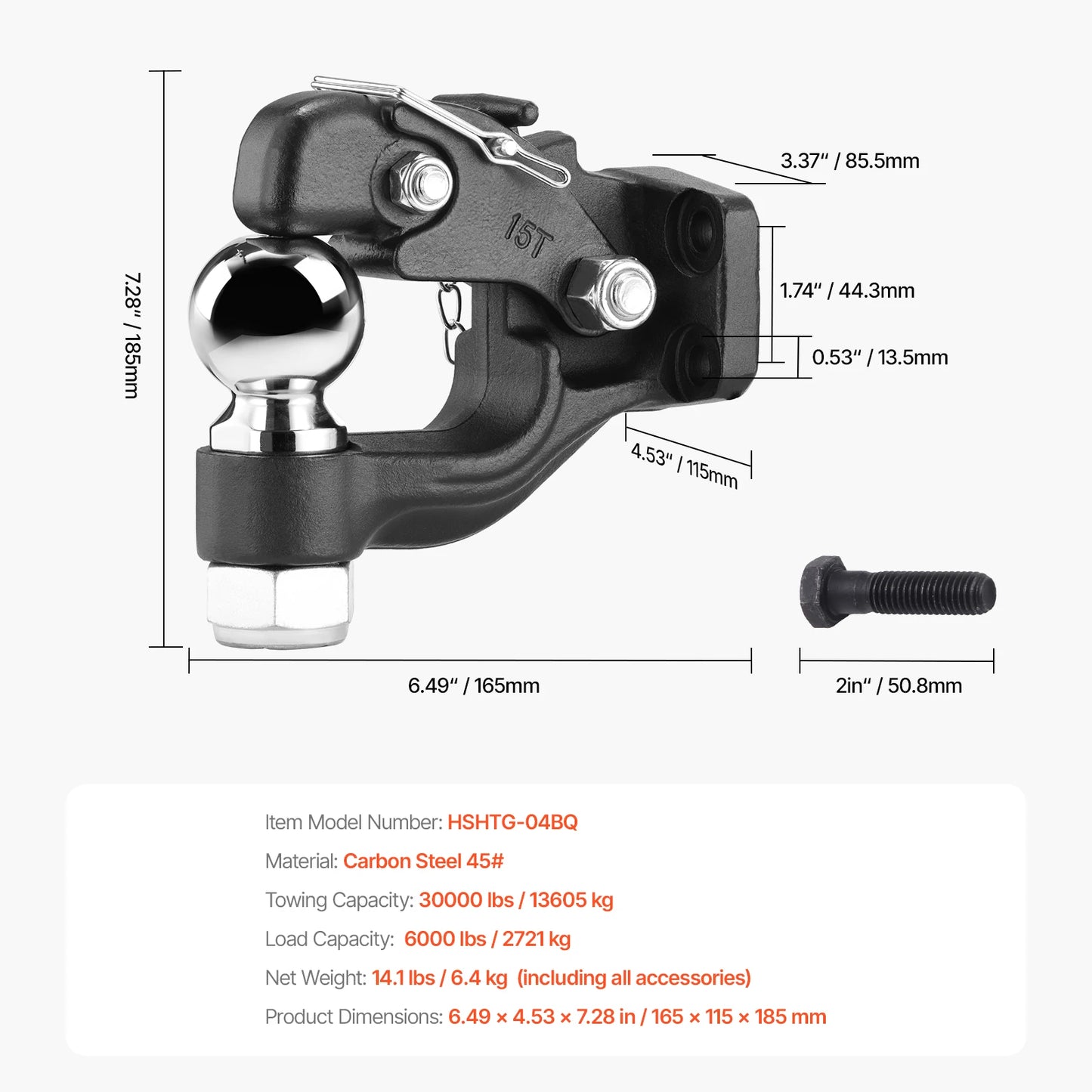 Pintle Hook Trailer Receiver Hooks Combination, 20,000/30,000Lbs, Fits 2.5-3in Lunette Ring