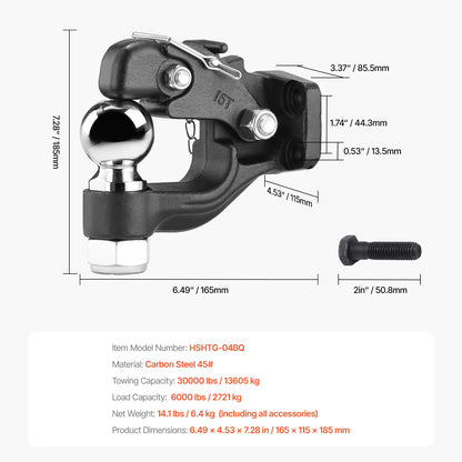 Pintle Hook Trailer Receiver Hooks Combination, 20,000/30,000Lbs, Fits 2.5-3in Lunette Ring