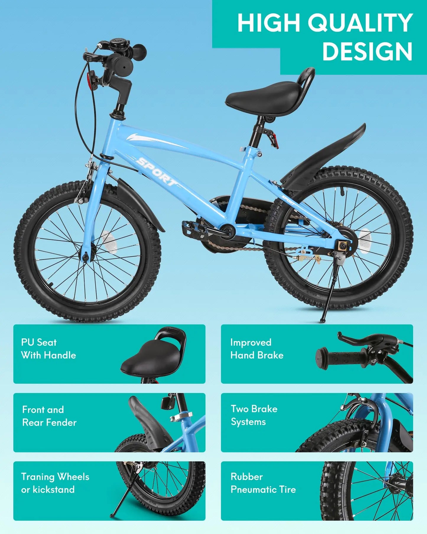 16 Inch Kids Bike, w/ Training Wheels, Kickstand, Dual Handbrake, Adjustable Handlebar & Saddle
