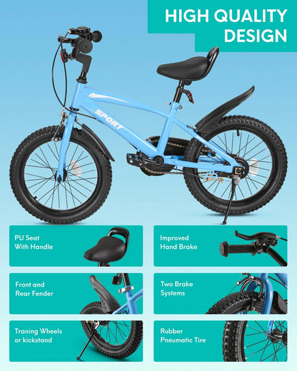 16 Inch Kids Bike, w/ Training Wheels, Kickstand, Dual Handbrake, Adjustable Handlebar & Saddle