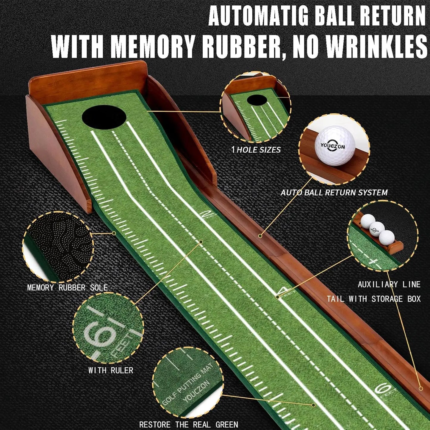 Indoor Golf Putting Mat w/ Auto Ball Return, Velvet Surface for Training Aid