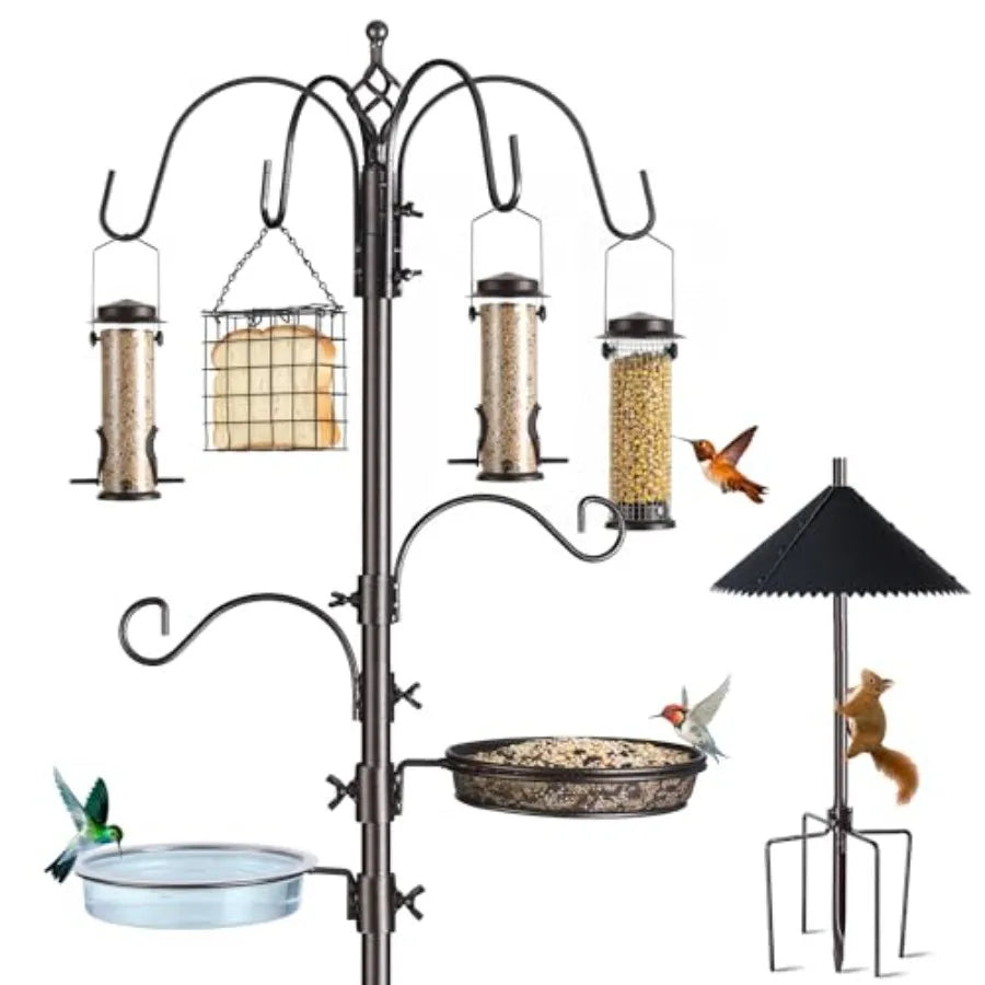 Bird Feeding Station Kit, 94 inch Adjustable Stand Pole w/ 6-Hooks, Bird Bath, Curved Mesh Tray Squirrel Baffle