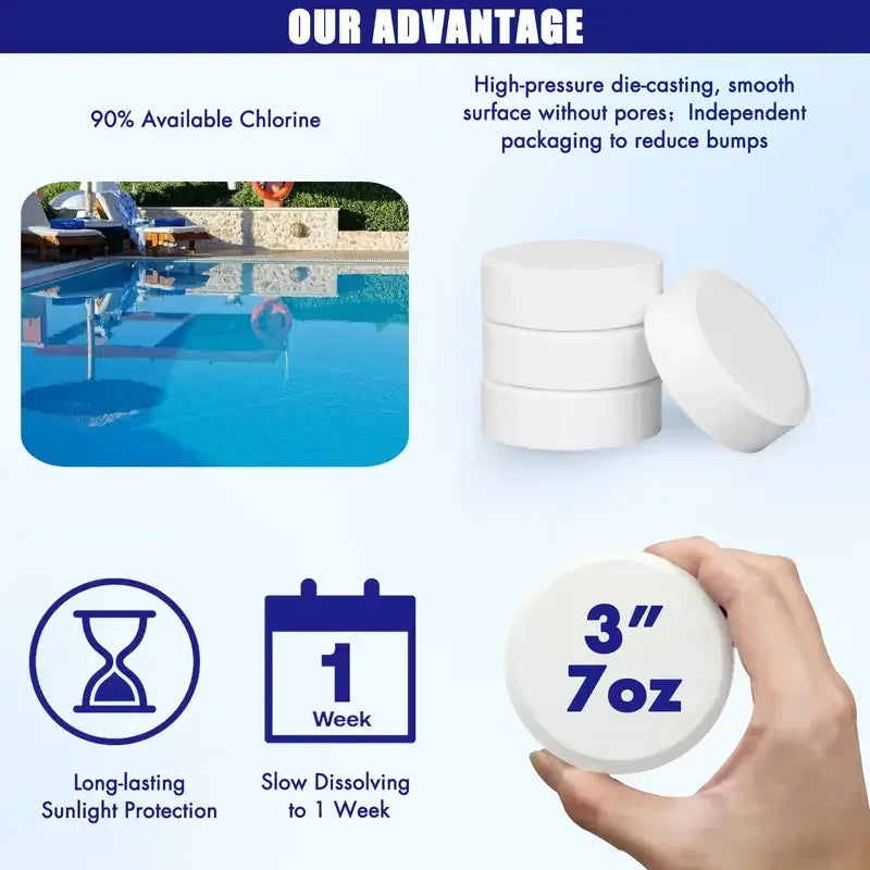 Chlorine Tablets - 3" size, 40 lbs Container, Stabilized for Hot Tubs, Pools or Spas