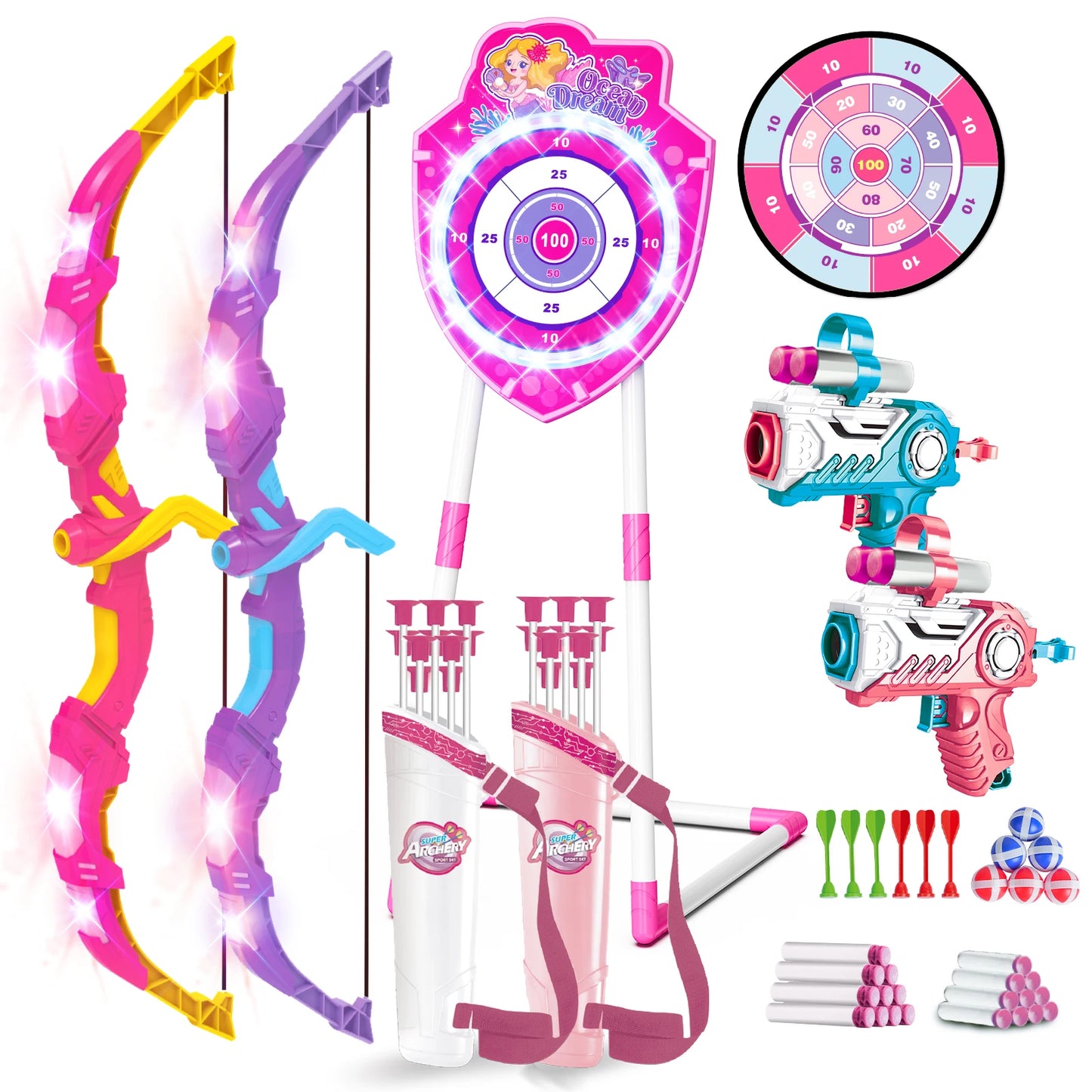 Night-Light Bow Arrow Guns for Girls,  Archery Stand Target Board for Kids