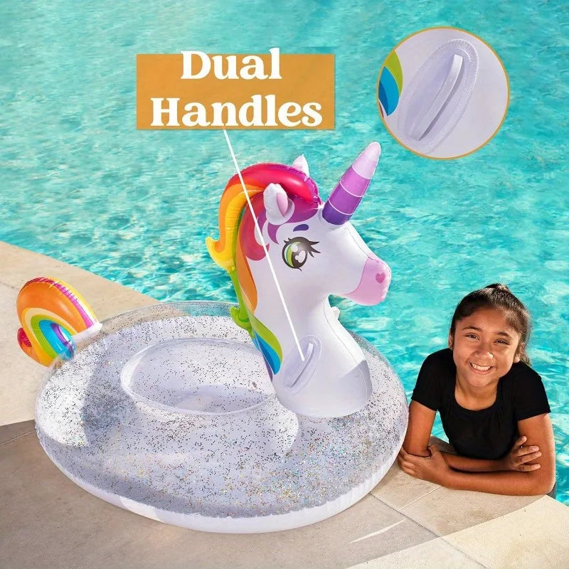 Unicorn Pool Floatie, Inflatable Rainbow Ride On Raft Lounge