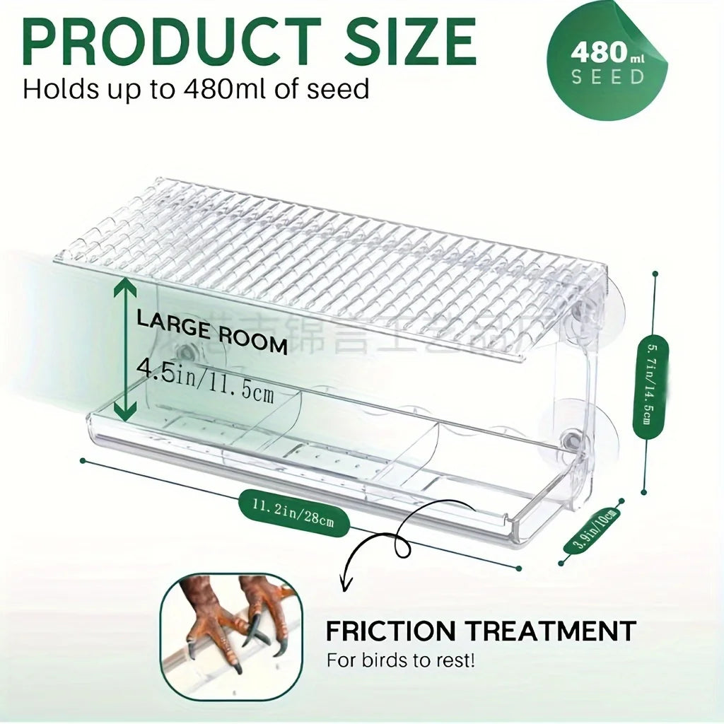 Indestructible Large Window Bird Feeder, w/ Removable Seed & Water Tray for Wild Birds, 4 Super Strong Adhesive Hooks