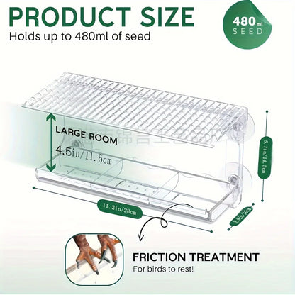 Indestructible Large Window Bird Feeder, w/ Removable Seed & Water Tray for Wild Birds, 4 Super Strong Adhesive Hooks