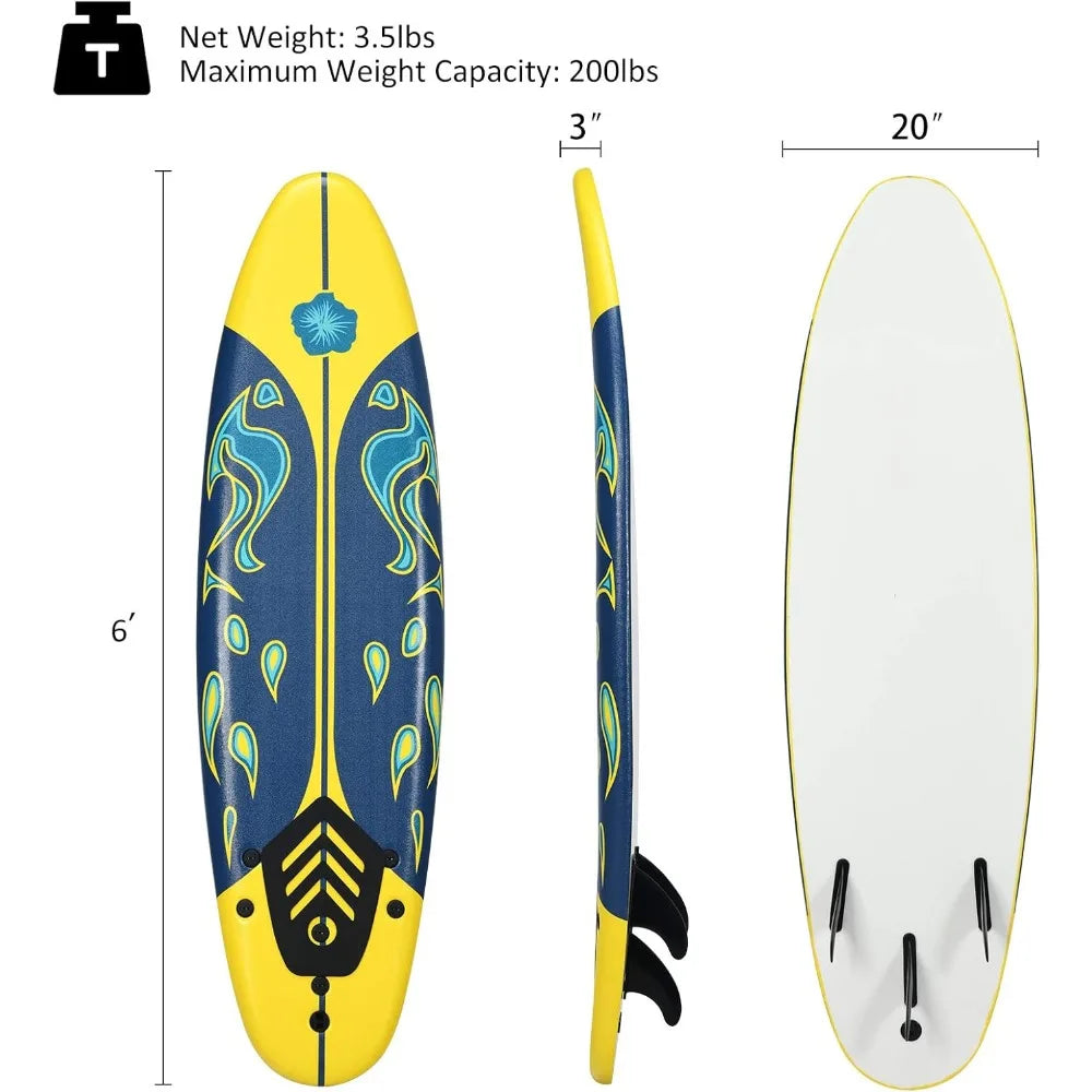 Surfboard, 6' Body Board w/ Removable Fins & Protective Leash, Non-Slip Surf Board
