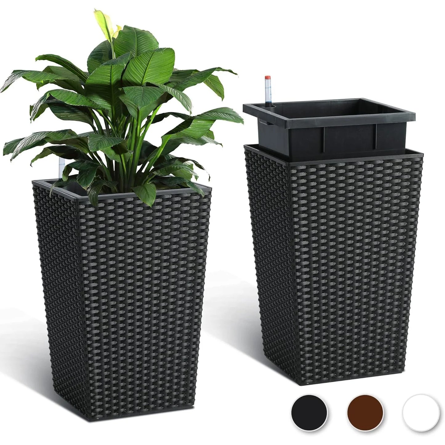 Outdoor Planters, 16" Tall Flowers Pots, Set of 2 w/ Tray, Wicker Design w/ Water Level Indicator, Indoor/Outdoor