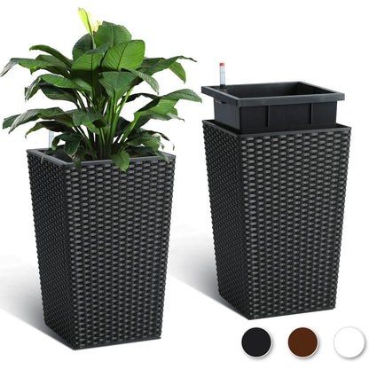 Outdoor Planters, 16" Tall Flowers Pots, Set of 2 w/ Tray, Wicker Design w/ Water Level Indicator, Indoor/Outdoor