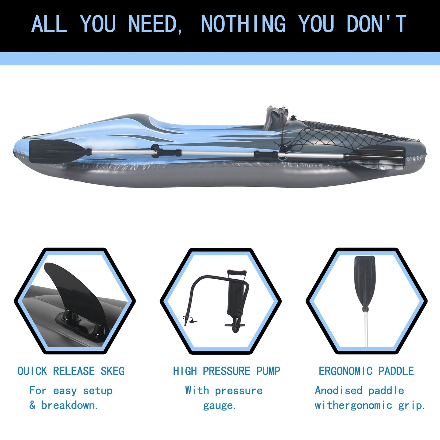 Inflatable Kayak Fishing Boat, 1 Person Adult Blue Canoe, with Paddles, Bag, Seats, High-Output Pump, Fin