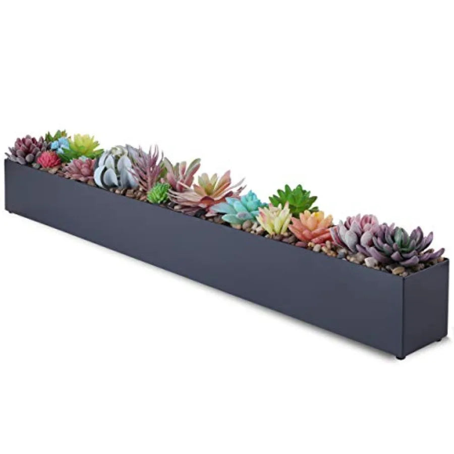 Modern Grey 32" Rectangle Planter Box, Narrow Metal Rectangular Box for Table or Window Sill