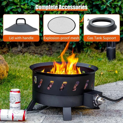Portable Propane Fire Pits, 17.3" Gas Fire Pit Bowl for Outside w/ Lid & Handle.