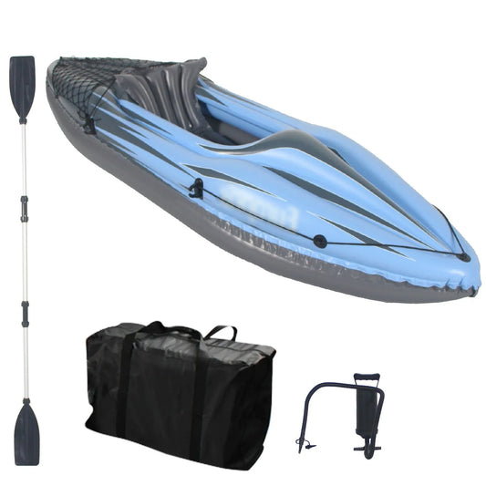 Inflatable Kayak Fishing Boat, 1 Person Adult Blue Canoe, with Paddles, Bag, Seats, High-Output Pump, Fin