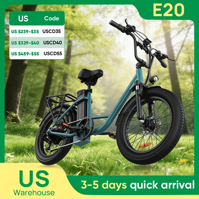 Electric Bike, 1000W, 48V 13Ah, Removable Battery, 20MPH, 20''X3" Fat Tire, 7-Speed, w/ Dual Disc Brake