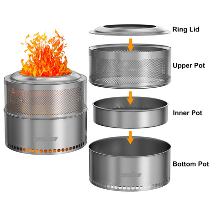 Wood Burning Firepit, Large Stainless Steel, Smokeless Camping Stove w/ Carry Bag,