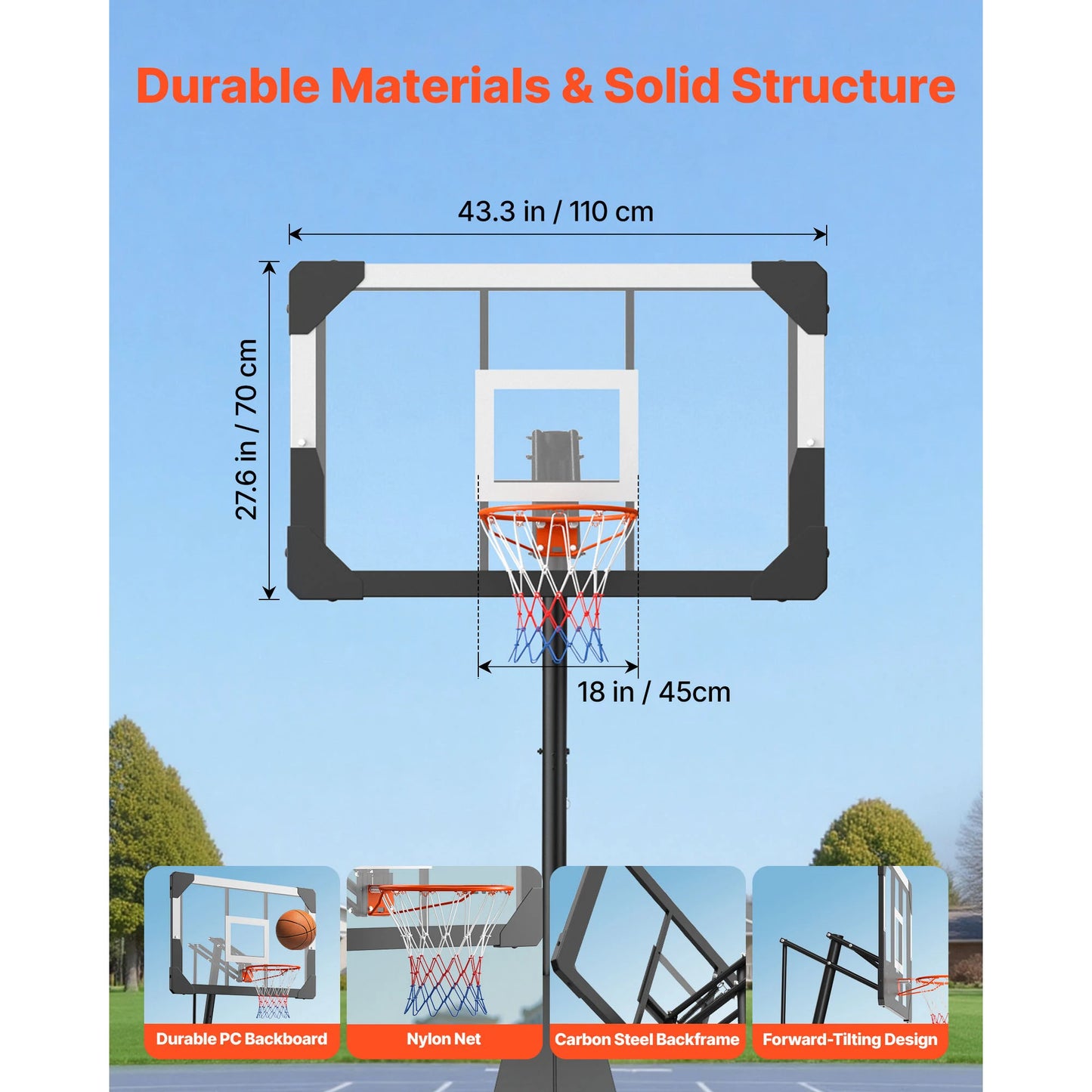 Basketball Stand, Height Adjustment, Hoop with 44 -54 inch Backboard