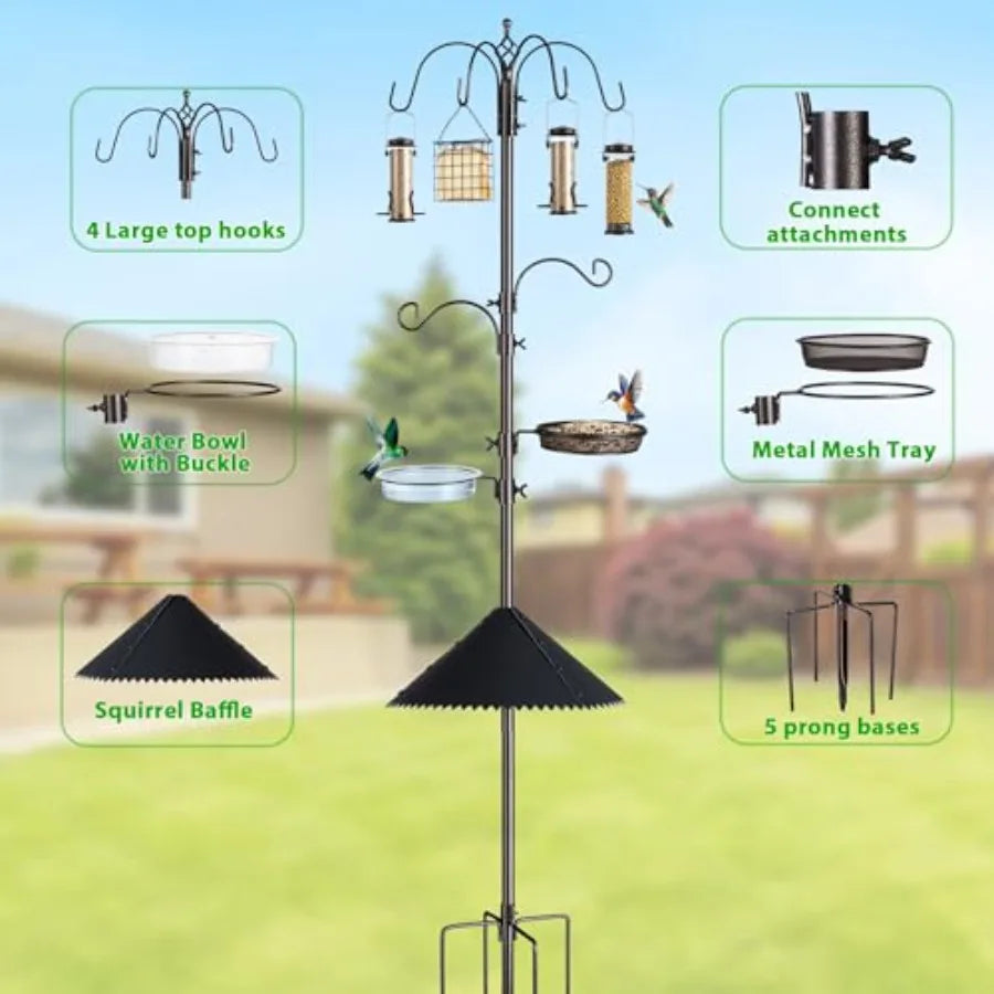 Bird Feeding Station Kit, 94 inch Adjustable Stand Pole w/ 6-Hooks, Bird Bath, Curved Mesh Tray Squirrel Baffle