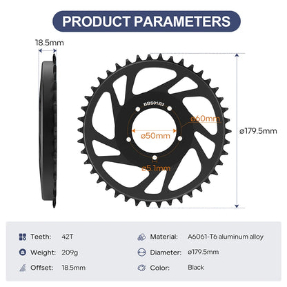 EBike Chainring, 42T 36T 44T 52T, Sprocket Chain Wheel, Aluminum Crown Offset BBS01B BBS02B BBS01 BBS02 Original Mid Motor