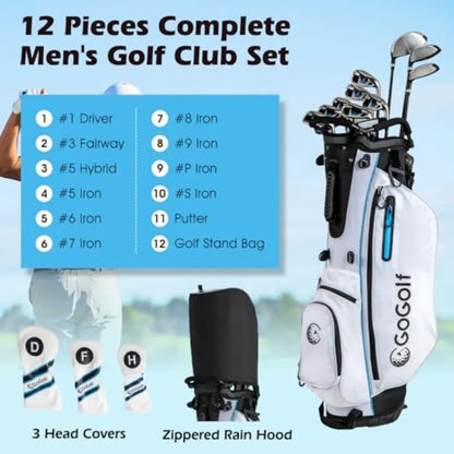 Golf Club, Complete Set for Men: stainless steel, includes 460CC Driver, Fairway Wood, Hybrid, Irons 5-S , Putter