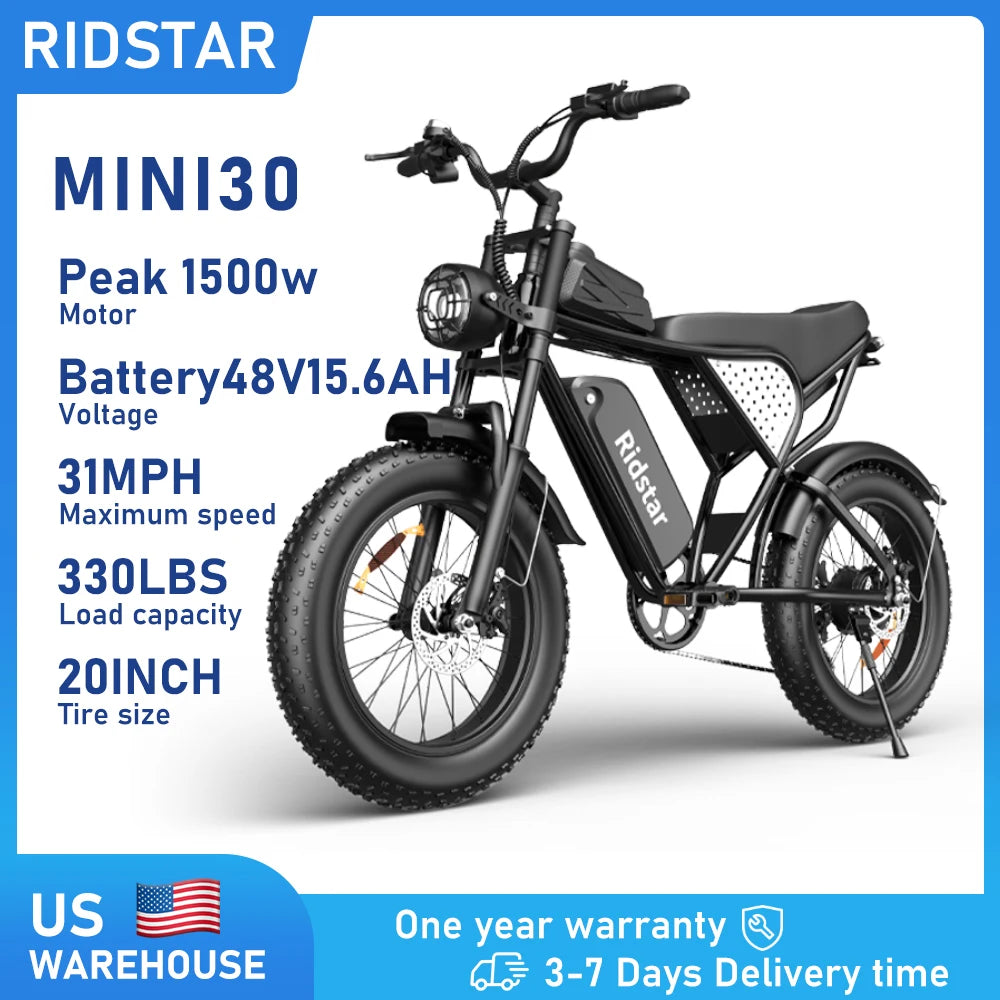 Electric Bike for Adults, Peak 1500W, 31 MPH 48V 15.6AH MINI30, 20"x4" Fat Tire Mountain Bike