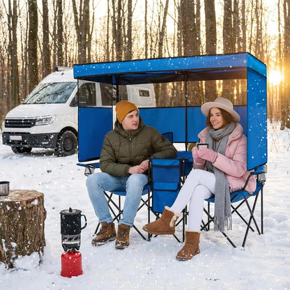 Double Beach or Camp Chair w/ Canopy Shade, Heavy Duty Chairs w/ Cup Holder, Folding
