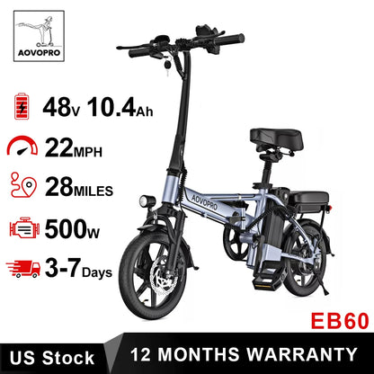 Electric Bike, 14'' Foldable, 500W 48V 10.4AH Battery, 22MPH Max Speed, 28Miles Range