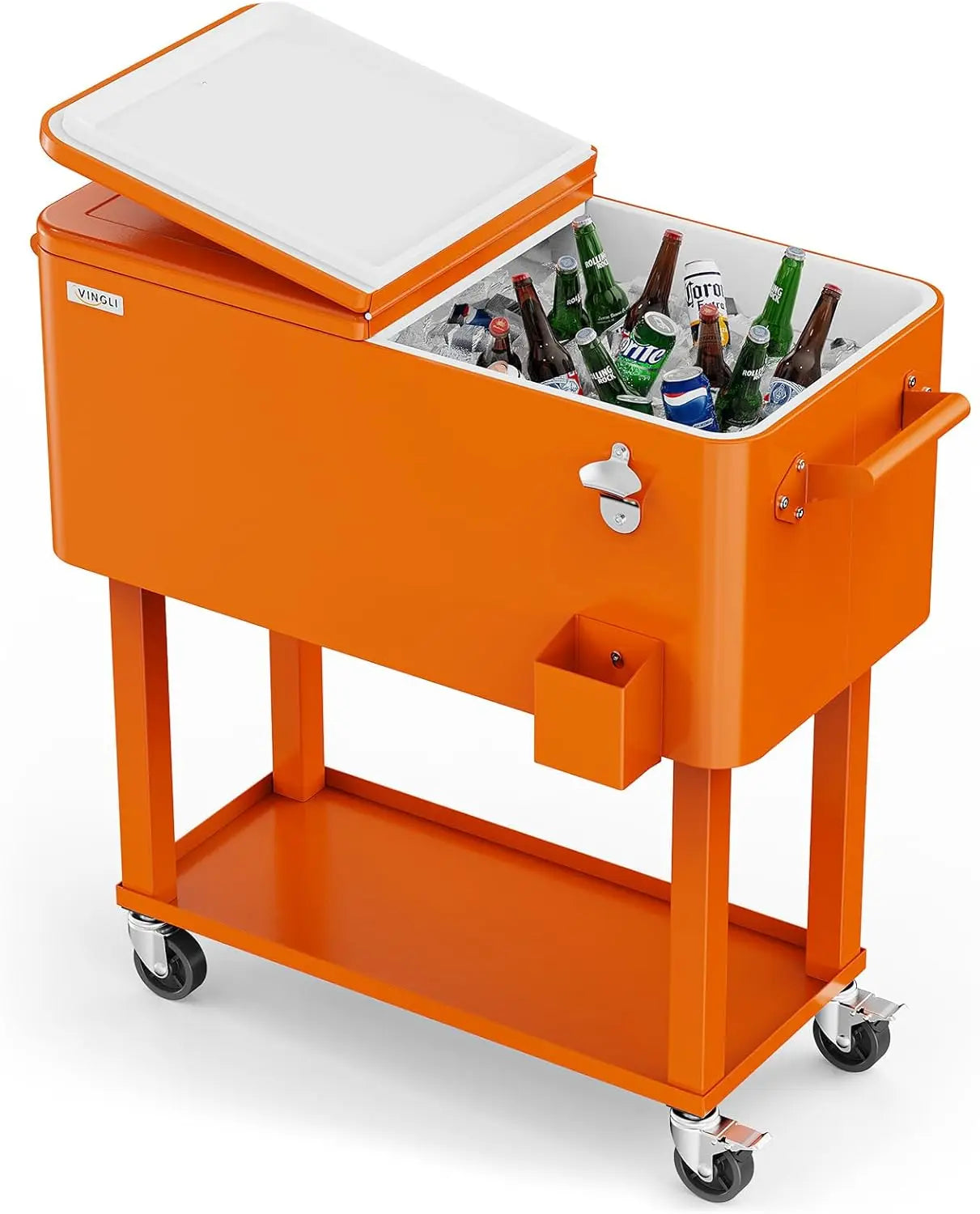 Rolling Ice Chest, 80 Quart, Patio Bar Drink Cooler Cart, w/ Shelf & Bottle Opener