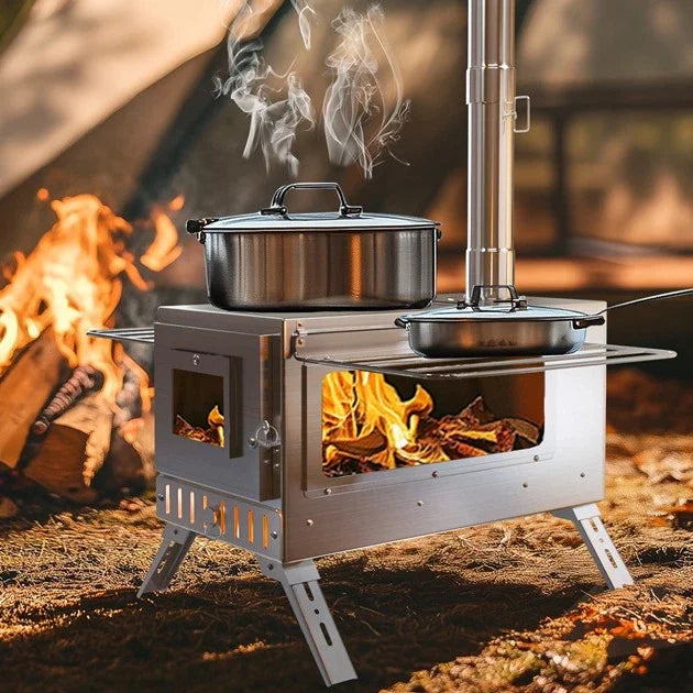 Hot Tent Stove, Portable Wood Burning, w/ 6 Stainless Chimney Pipes for Outdoor Heating & Cooking