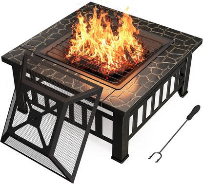 Outdoor Fire Pit, 32 Inch Metal Table w/ Waterproof Cover