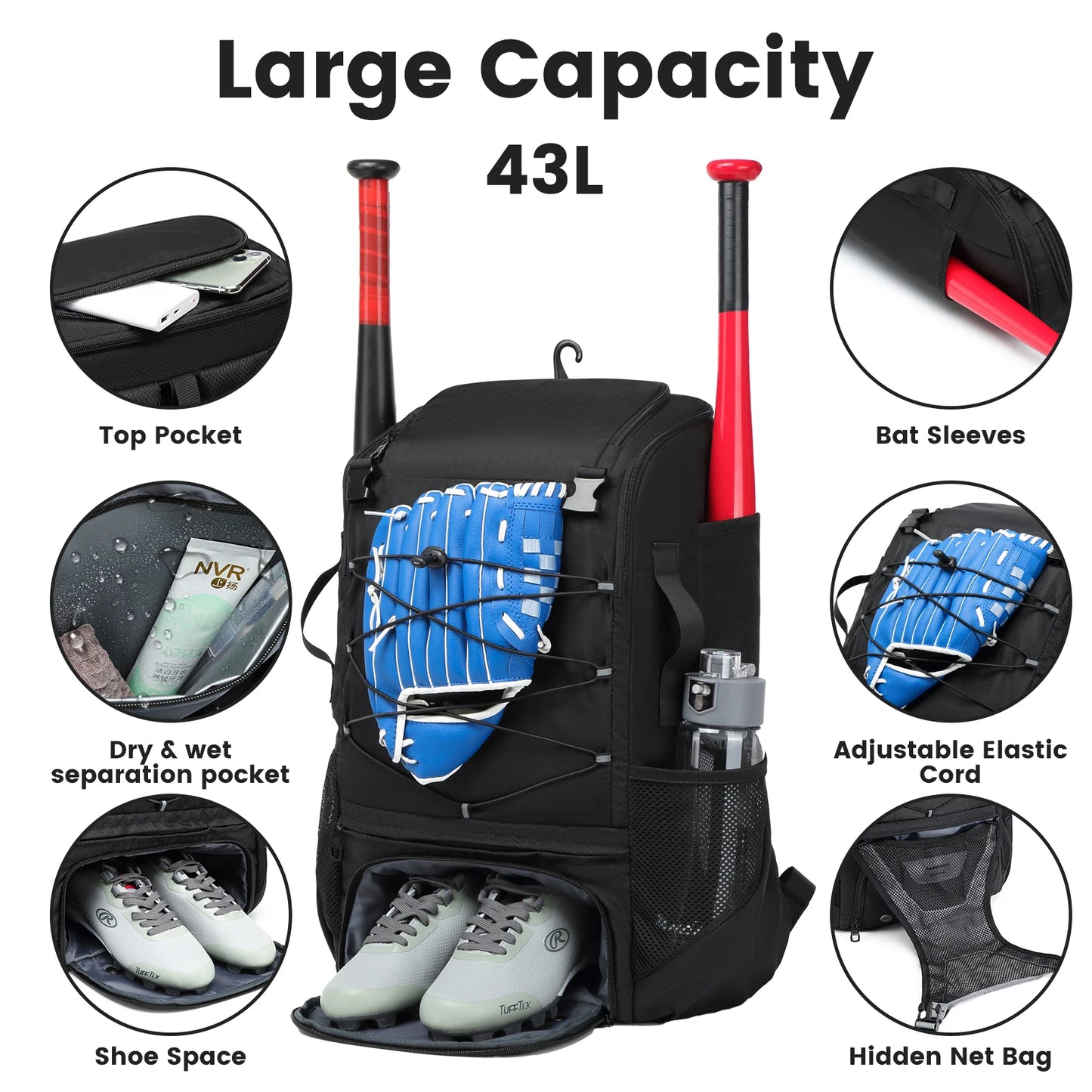 Baseball or Softball Equipment Bag, Backpack with Shoe Compartment, Bat Holders