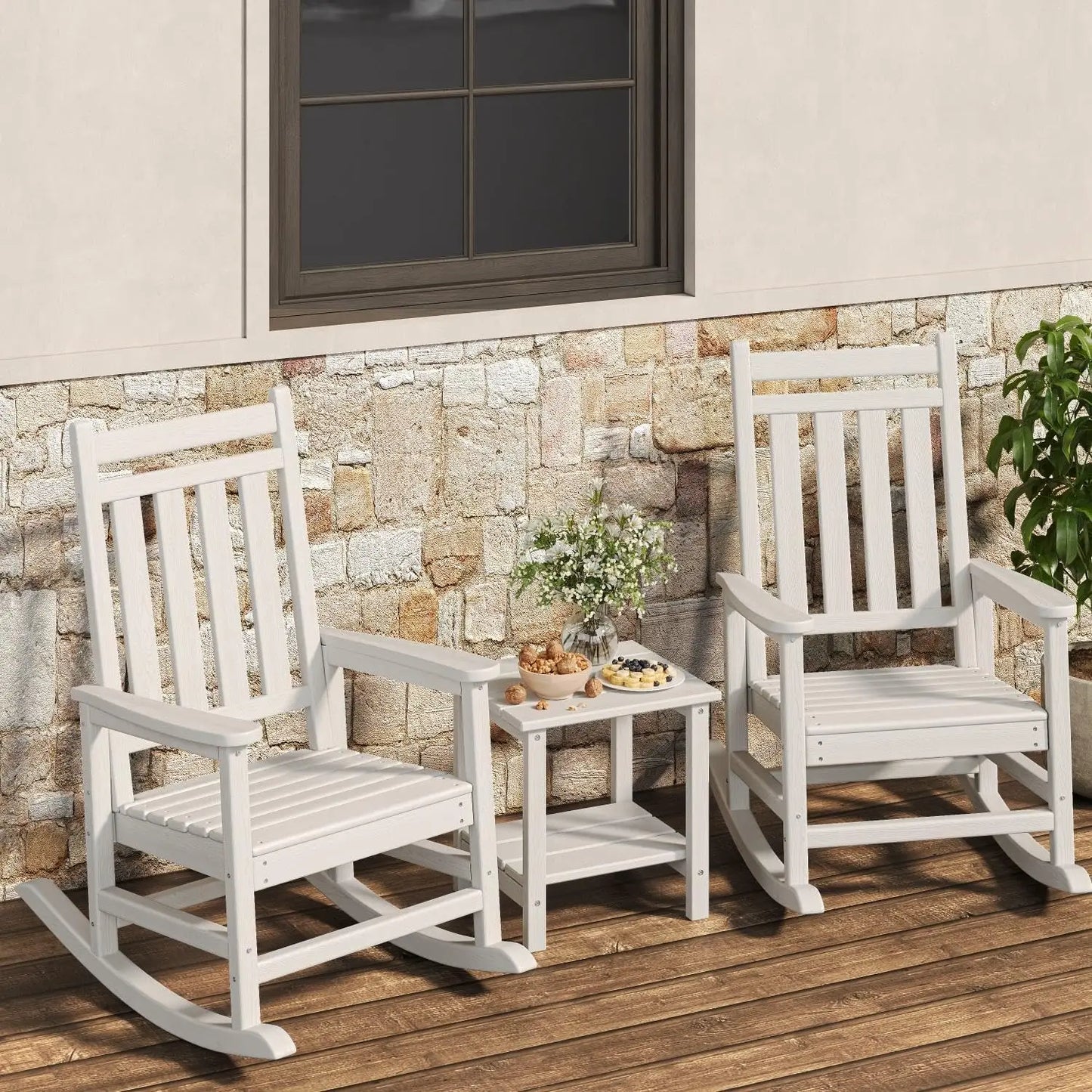High-Back Adirondack Porch Rockers, 2- Chairs Set w/ Side Table
