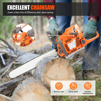 Gas Chainsaw 72CC 3900W, 2-Stroke, 24-Inch 2800rpm, Handheld Orange Chain Saw