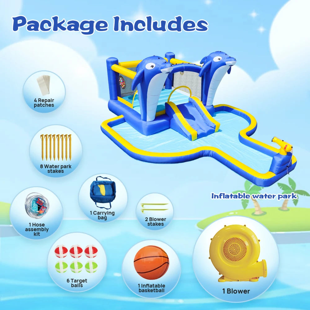 Inflatable Water Slide, Trampoline, Bounce House with  Dolphin Sprinkler