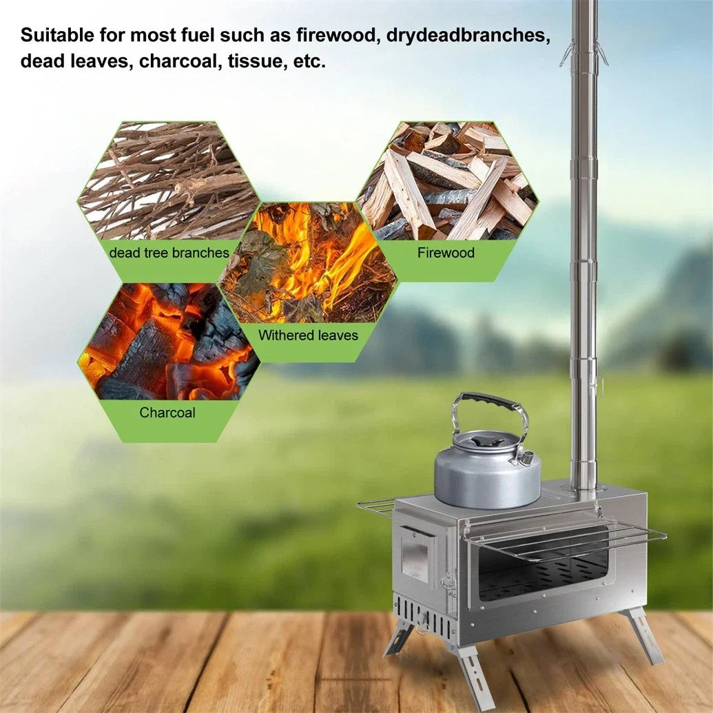 Hot Tent Stove, Portable Wood Burning, w/ 6 Stainless Chimney Pipes for Outdoor Heating & Cooking