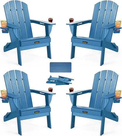 Folding Adirondack Chair Set of 4, Wood Textured Plastic w/ Cup Holders