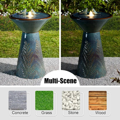 Bird Bath, Water Fountain with LED Light and Pump, Turquoise Ceramic Pedestal