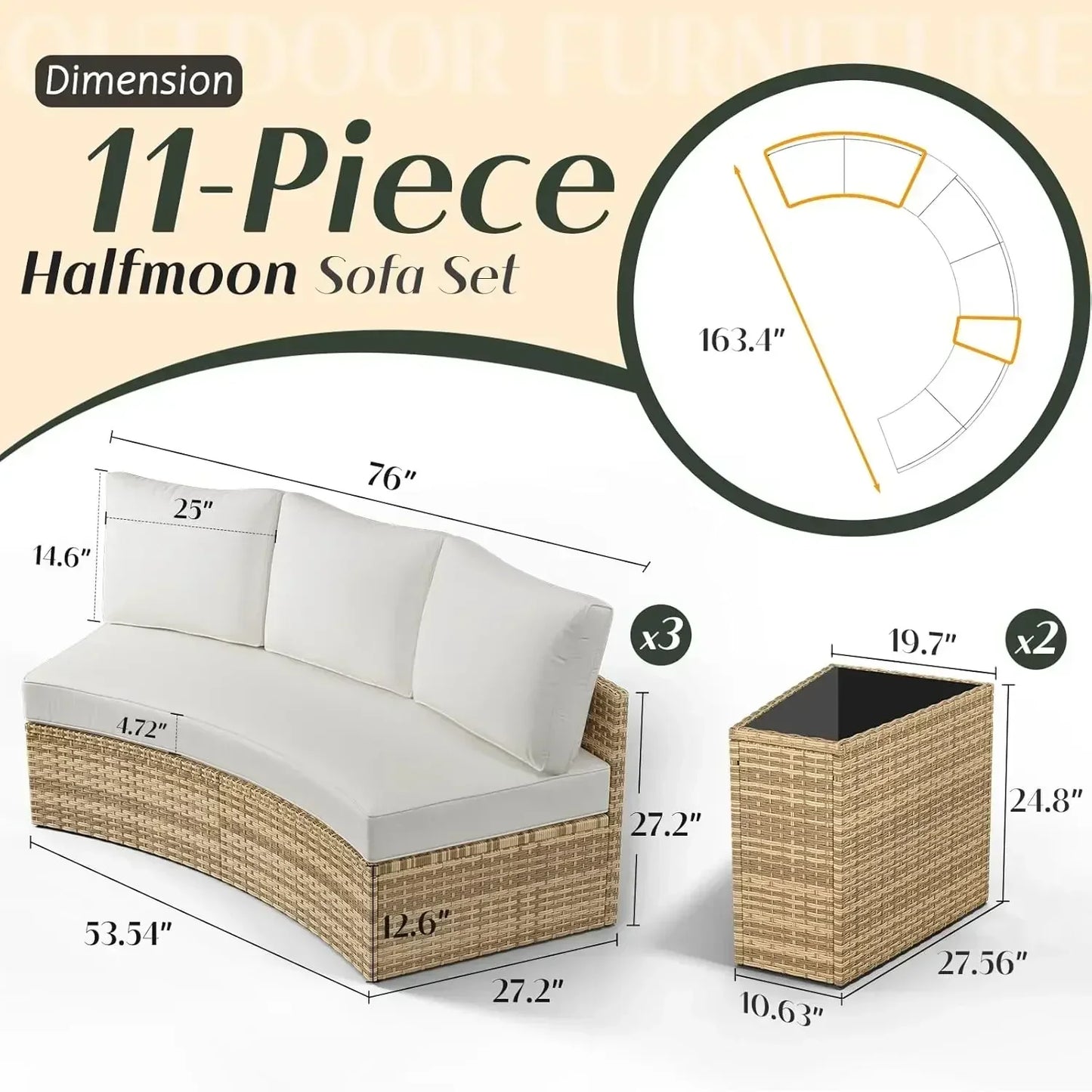 Patio Set,11 Piece Half-Moon Round Sectional Furniture Set w/ Storage Wedge & Table