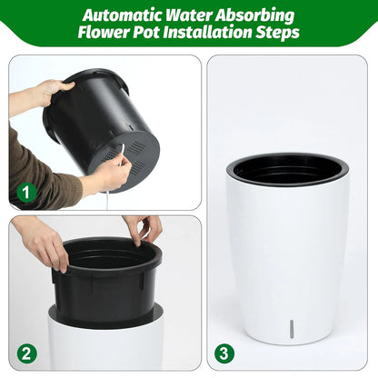 1-Pair,Black Self-Watering Planters – 16" Tall Round Flower Plant Pots, Water Level Gauge