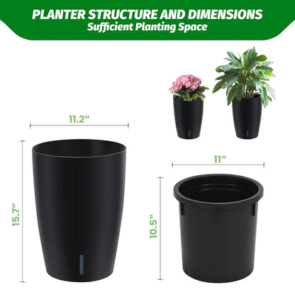1-Pair,Black Self-Watering Planters – 16" Tall Round Flower Plant Pots, Water Level Gauge