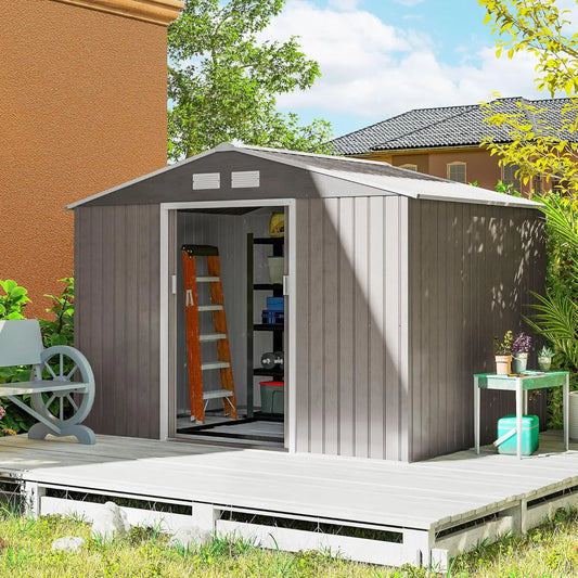 Metal Outdoor Storage 9x6 FT, Tool House Double Lockable Door, Air Vents Sloping Roof Backyard