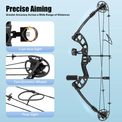 Compound Bow, Adjustable Draw Weight and Length with 3-Pin Sight, 12 Arrows Complete Set