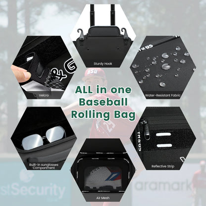 Sports Trolley Baseball or Softball Bag, Large Capacity Multi Compartment, Waterproof